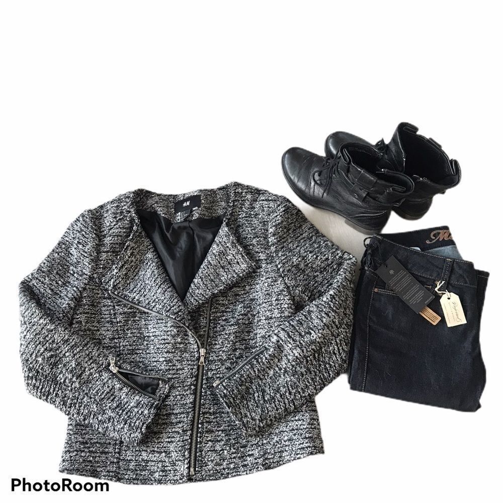 H&M Tweed Zip-Up Moto Jacket Black /Grey size 8